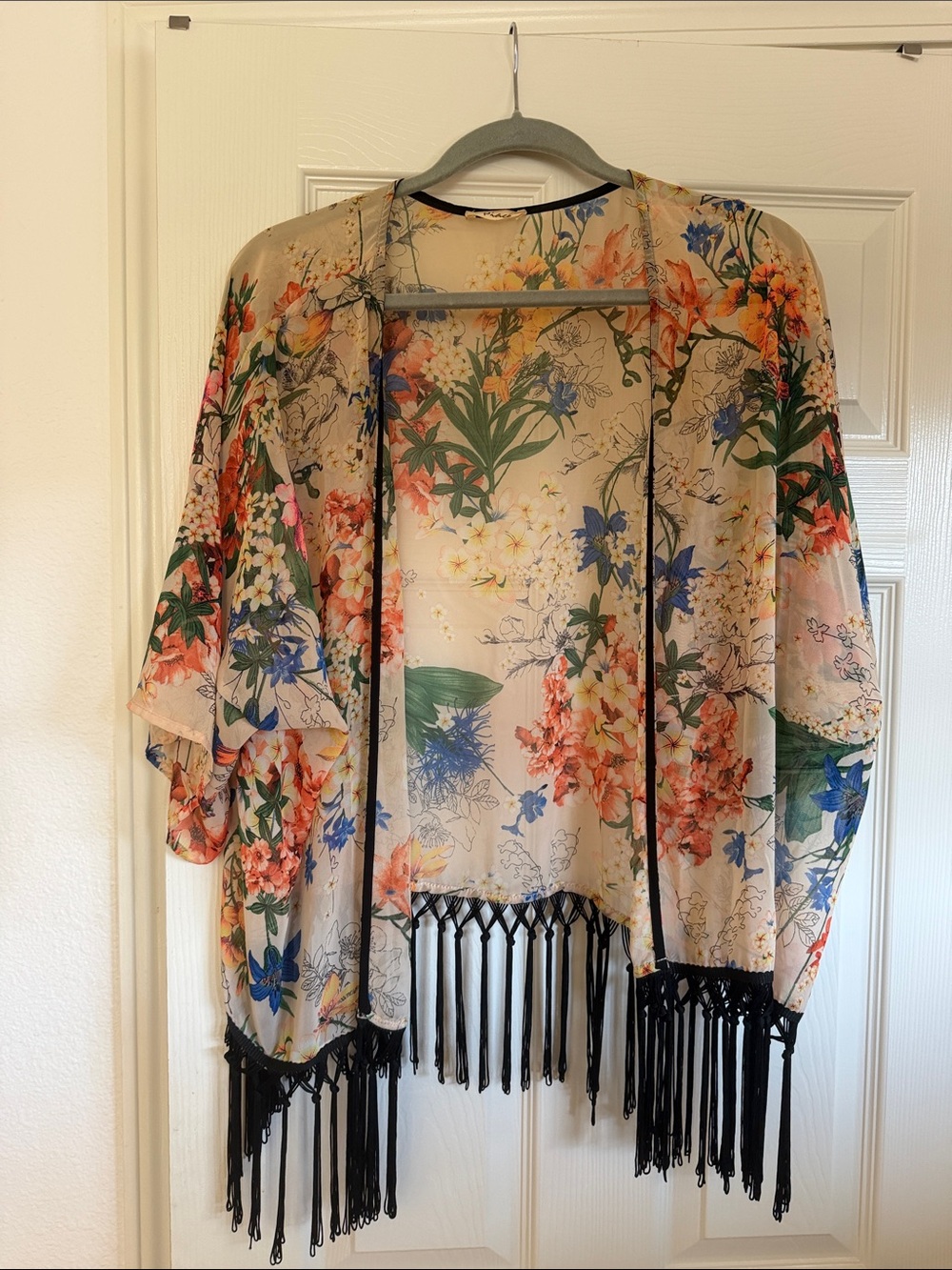 Floral Kimono Fringe Cover-Up in Cream with Multicolor Blooms